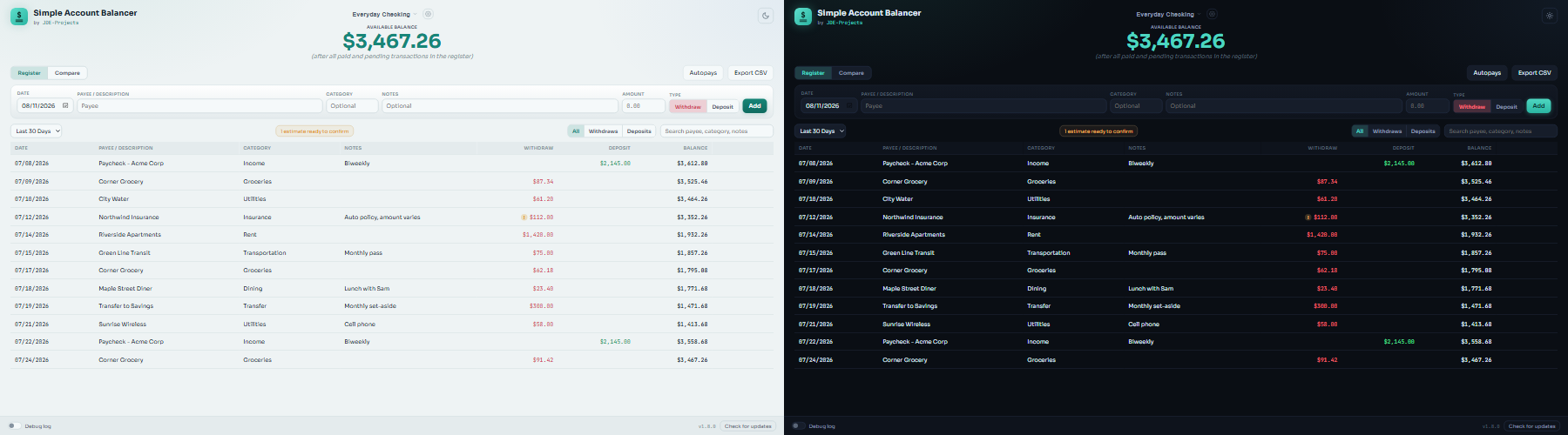 Simple Account Balancer register in light and dark appearance.