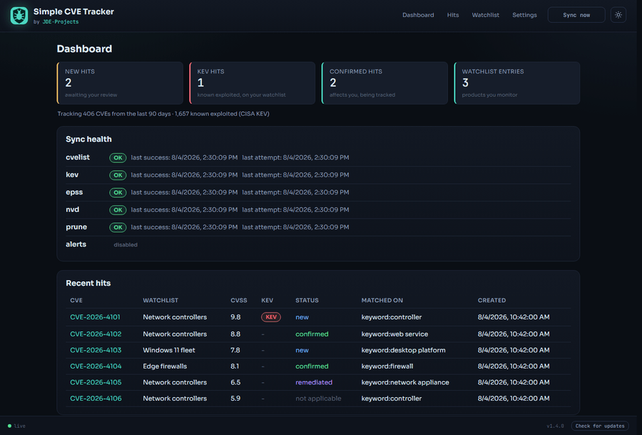 Simple CVE Tracker interface.