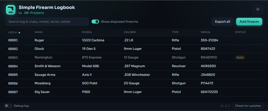 Simple Firearm Logbook interface.