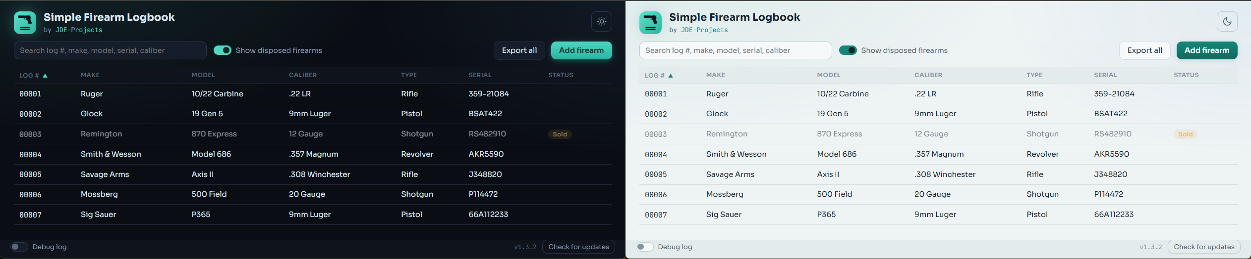 Simple Firearm Logbook in light and dark appearance.