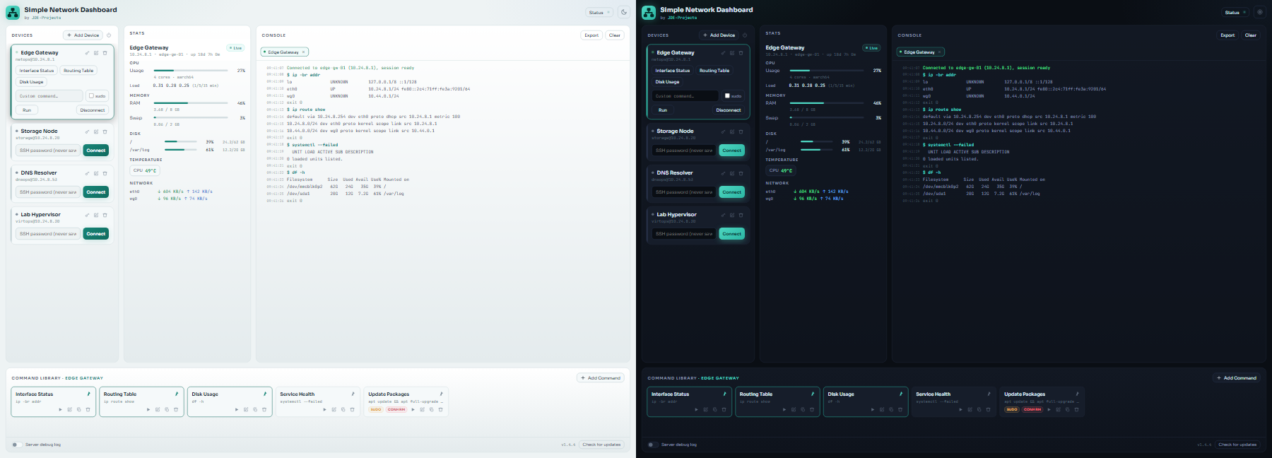 Simple Network Dashboard in light and dark appearance.