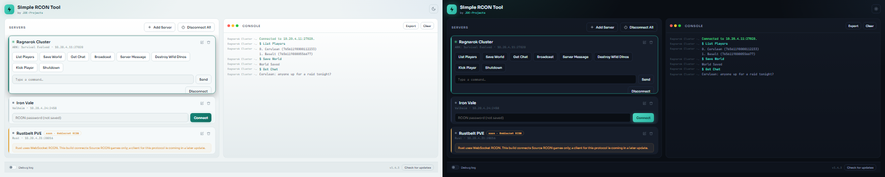 Simple RCON Tool in light and dark appearance.