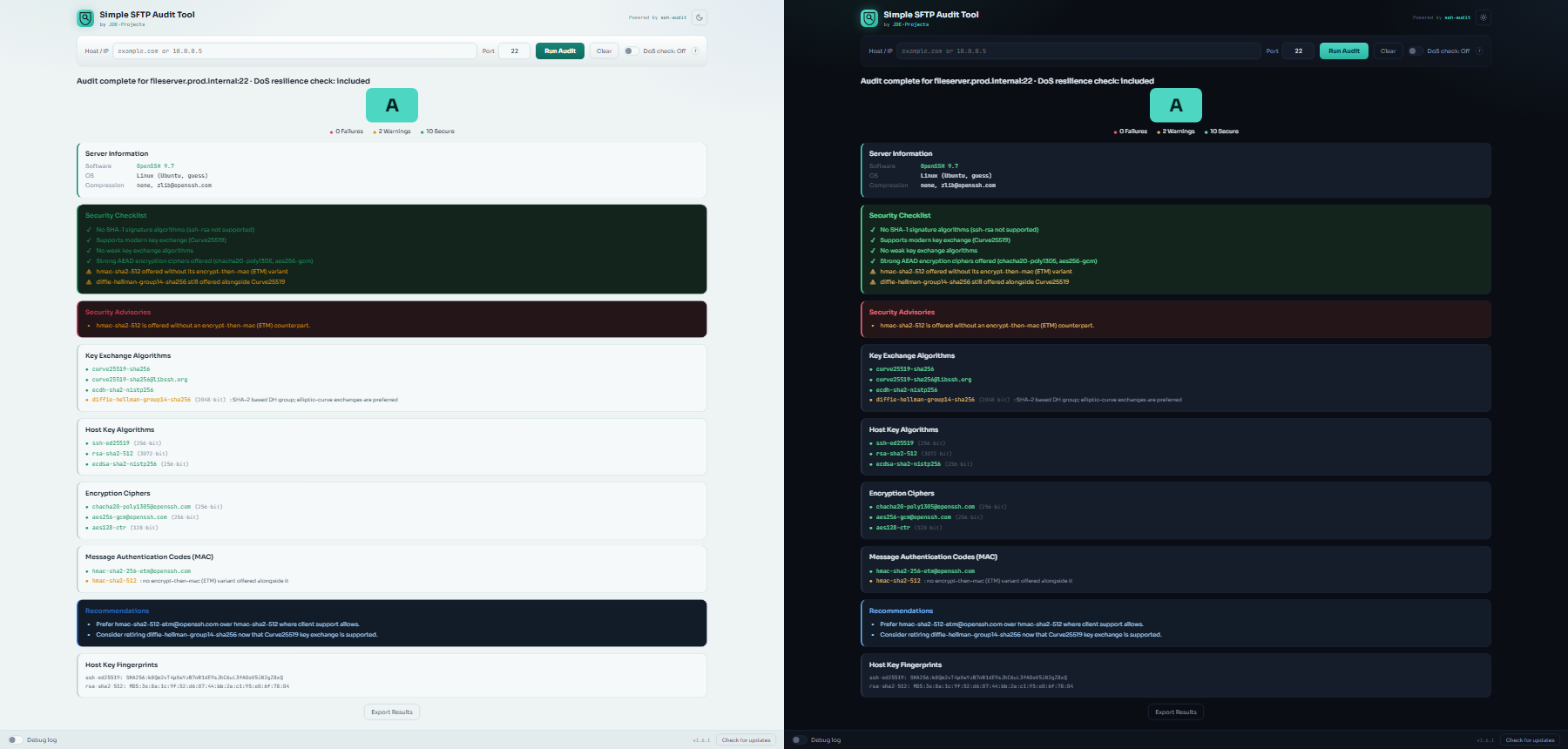 Simple SFTP Audit Tool in light and dark appearance.