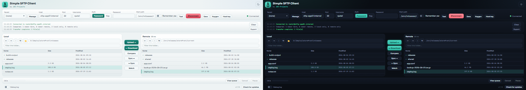 Simple SFTP Client in light and dark appearance.