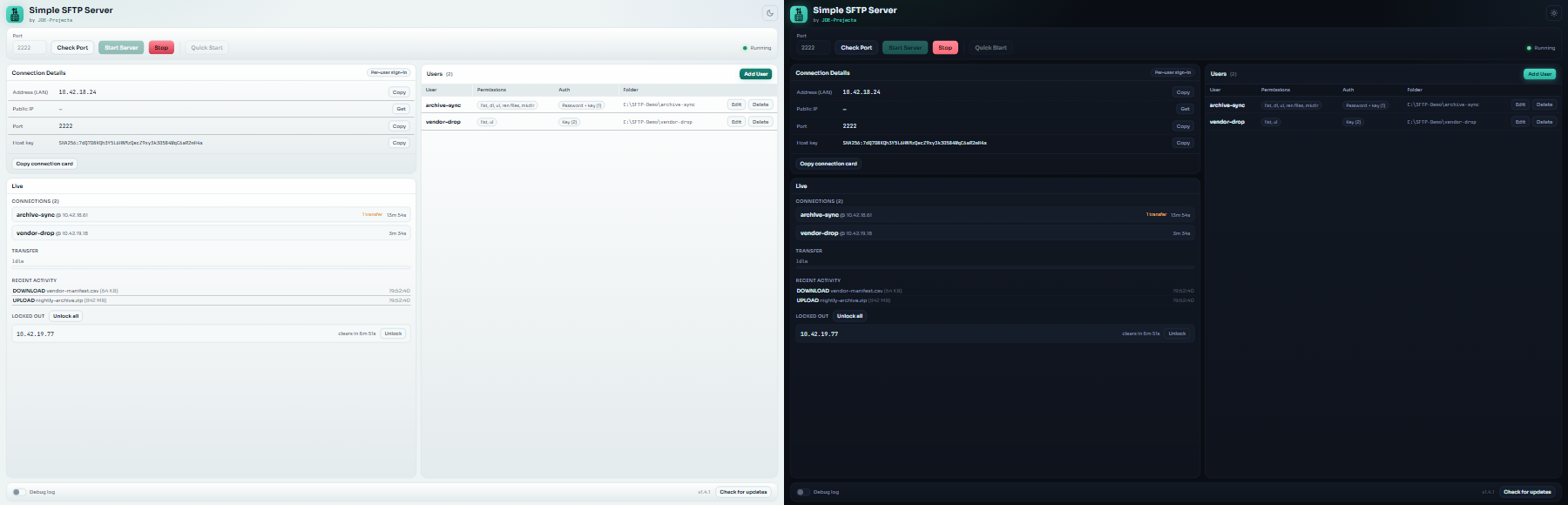 Simple SFTP Server in light and dark appearance.