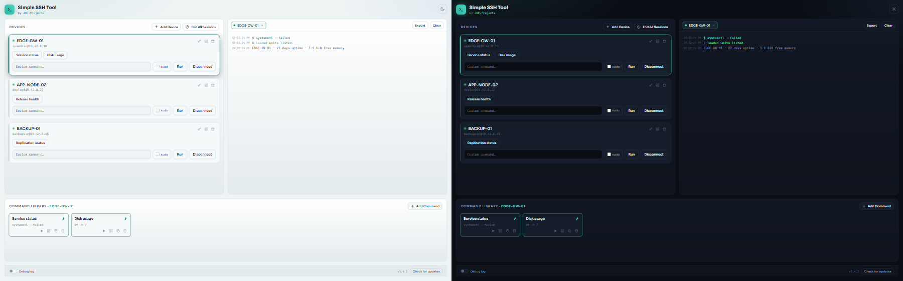 Simple SSH Tool in light and dark appearance.