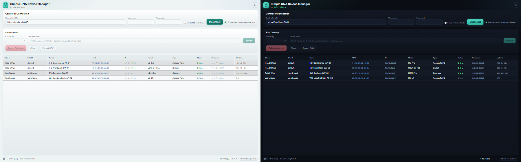 Simple UNA Device Manager in light and dark appearance.