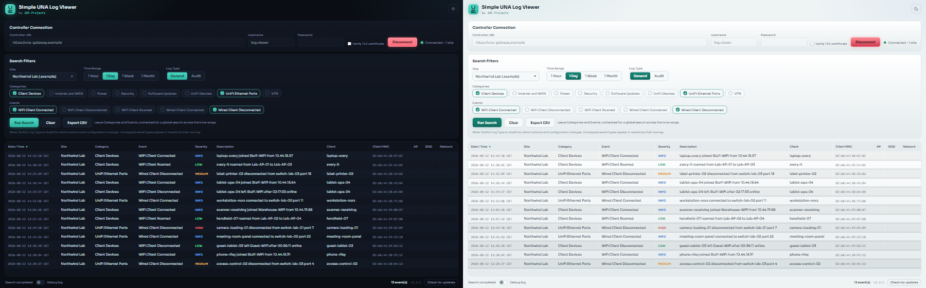 Simple UNA Log Viewer in light and dark appearance.